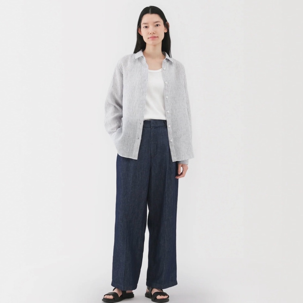 Muji Women's Washed Linen Shirt - Navy White Stripes
Size Small